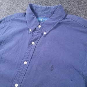 Polo Ralph Lauren Shirt Mens XL Navy Blue Puckered‎ Seersucker Pocket Pony